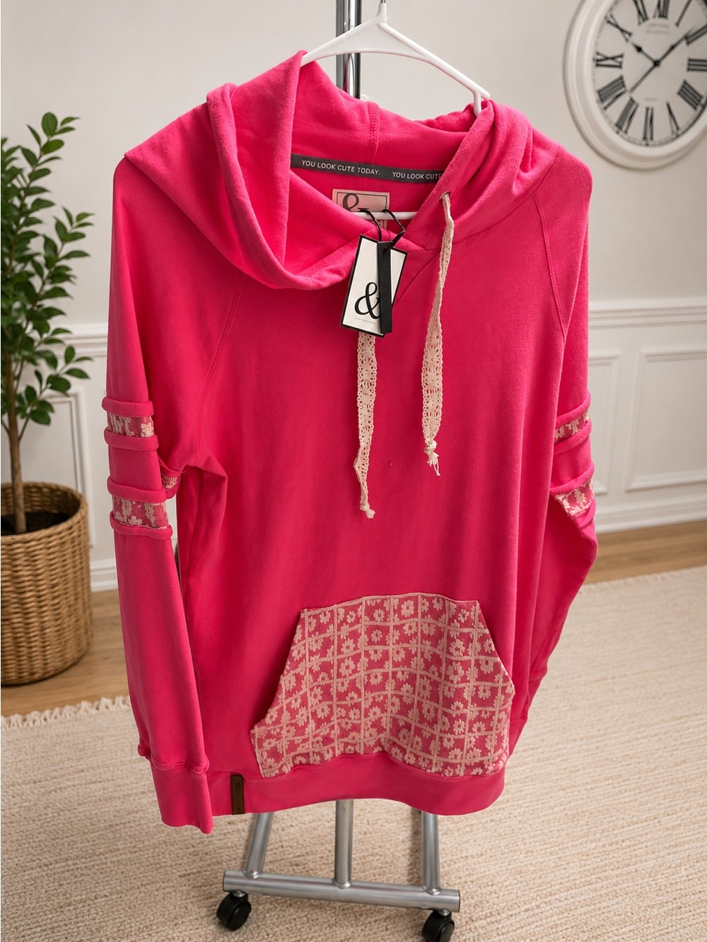Ampersand Avenue DoubleHood™ Hot Pink Floral Accent Hoodie Size Small